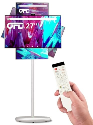 OFD 27 FHD Smart Portable TV,Rolling TV mit Rädern,6GB + 128GB Android 15 | Tragbarer Touchscreen Monitor,13MP Kamera,Eingebauter Akku,60Hz Bildwiederholrate,Sprachfernbedienung