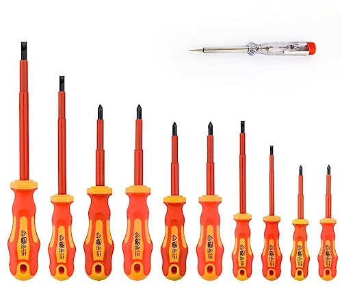 Gunpla 11-teilig VDE Isolierte Schraubendrehersatz inkl. Schlitz, Phillips und Pozidriv Schraubendreher mit Spannungsprüfer, 1000V, Kraftform-Griff