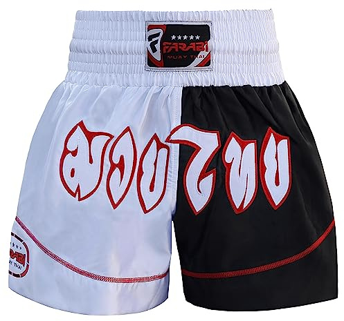 Farabi Sports Muay Thai Short Kinder Muay Thai Hose Junior Jungen und Mädchen Kickboxen Hose für Kampfsport Käfigkampf und Training (DE/NL/SE/PL, Alphanumerisch, XXS, Regular, Regular, White/Black)