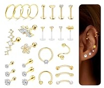 LOLIAS 27 Stück Helix Piercings Chirurgenstahl Ohrringe Damen Conch Rook Tragus Piercing Ohr Ohrpiercing Gold Piercings Set für Nase Lippen Knorpel Labret Daith