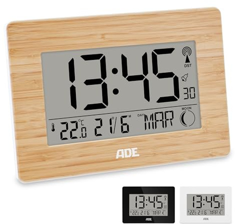 ADE Große Funkuhr digital mit XXL-Ziffern | Tischuhr mit Kalender und Wochentag | Digitale Uhr mit Temperaturanzeige | Funkwecker digital mit Batterie | Gehäuse mit echtem Bambus