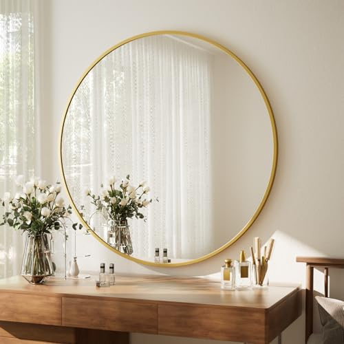 ZenoMirris Spiegel Rund 122cm, runder Wandspiegel mit Aluminiumrahmen, Einfache Montage, Modern Spiegel zum Aufhängen und Anlehnen für Badezimmer, Wohnzimmer, Schlafzimmer, Gold