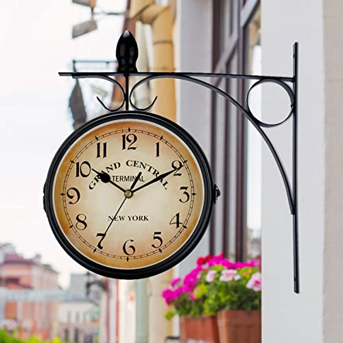 Uennm Wanduhr, doppelseitig, für Garten, Zug, Bahnhof, Wanddekoration, aus Eisen, Antik-Optik, Retro-Station, zweiseitig, leicht lesbar, Wandmontage, für die Innendekoration, 33 x 31 cm
