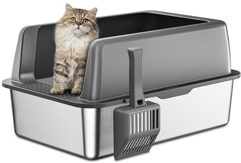 Zarler XL Edelstahl Katzenklo mit Deckel, 58x37x26cm - Hoher Rand Verhindert Streuen, Nicht Klebrig, Grau - Perfekt für Große Katzen