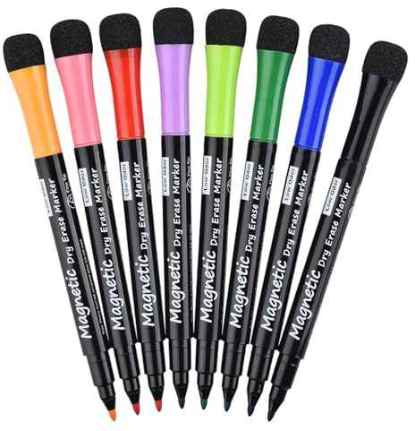 Linkbro Whiteboard Marker mit Schwamm, 8 Farben, Dünn 2 mm, Abwischbar, Magnetische Whiteboard Stifte, Folienstifte mit Feine Filzspitze