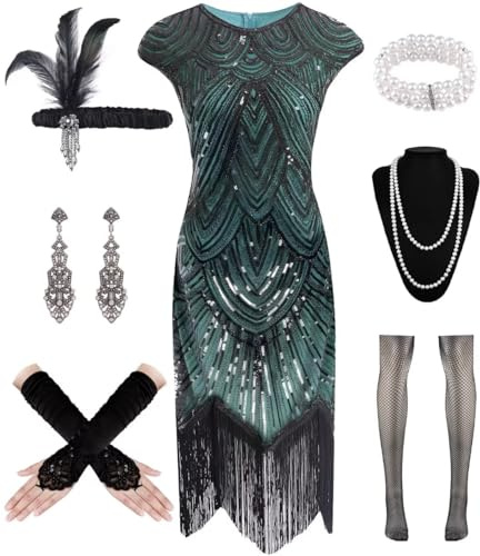 WILDPARTY 20er Jahre Kostüm Damen Charleston Kleid, Flapper Kleid mit Pailletten Perlen Fransen Netzstrümpfe, Kleider 20er Jahre Accessoires, Vintage Mafia Kostüm Damen Cocktailkleid
