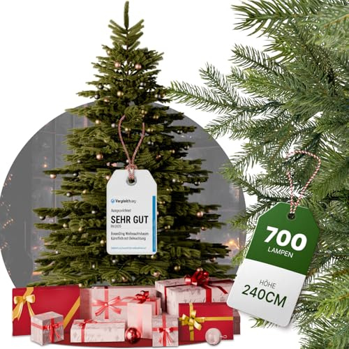 BoomDing künstlicher Weihnachtsbaum mit Beleuchtung 240 cm mit 700 LED & Aufbewahrungstasche – großer Weihnachtsbaum künstlich mit integrierter Beleuchtung und Metallständer - Christmas Tree