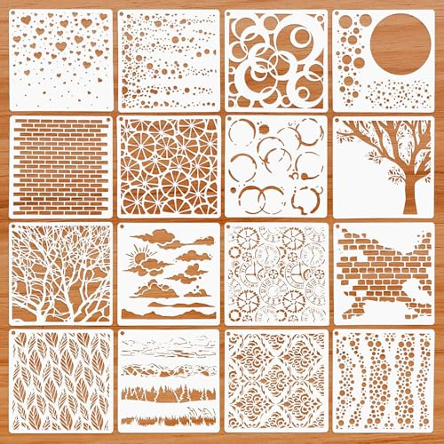 16 Stück Schablonen zum Malen,Wiederverwendbare Landschafts Malschablonen,Kunststoff Zeichnung Malschablonen,Schablonen Textilgestaltung, Malschablonen für DIY Scrapbooking Möbeln Wand Dekoration