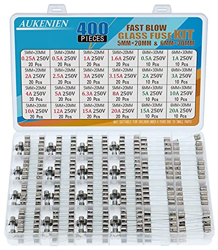 AUKENIEN 24 Werte 400 Stück Glassicherung Set 5x20 mm 0,25A 0,5A 1A 1,6A 2A 2,5A 3A 3,15A 4A 5A 6,3A 8A 10A 12A 15A 20A 250V 6,3x32 6x30 mm 0,5A 1A 2A 3A 5A 10A 15A 20A Glas Sicherungen Sortiment