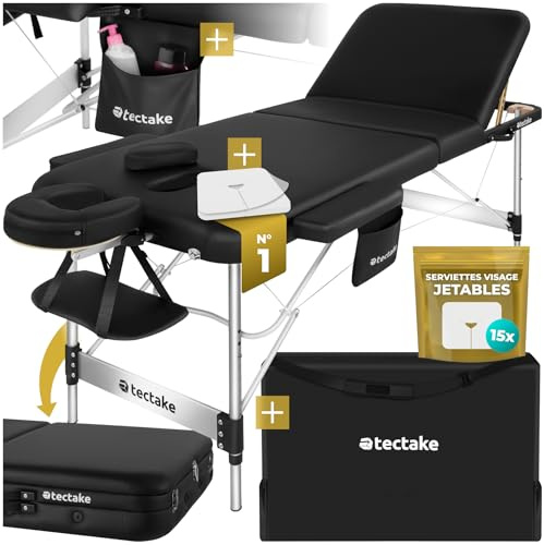 tectake® Massageliege 3 Zonen, Massagetisch, Massageliege klappbar, höhenverstellbare Aluminium Massageliege, Massagebett tragbar inkl. Zubehör, Kopfstütze, Armlehne, Tragetasche - schwarz