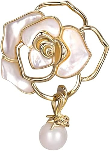 Imitation Perle Brosche Elegante Vintage Kamelie BroschenFrauenschmuck Brosche Glückszahl 5 Mode Unregelmäßig Hohle Brosche, Metall