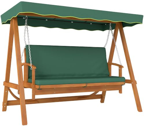 Outsunny 2in1 Hollywoodschaukel mit Liegefunktion 236x130x181 cm Dunkelgrün | 3-Sitzer Gartenschaukel aus Holz, Holzschaukel mit Sonnendach Sitzauflage, Schaukelbank bis 330kg, für Garten, Terrasse