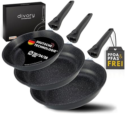 DIVORY Pfannenset 3-teilig (20/24/28 cm) – Bratpfannen Set Antihaftbeschichtung & abnehmbaren Griffen, frying pan, Für alle Herdarten geeignet, Induktion – Inkl. Pfannenschoner – Frei von PFOA & PFOS
