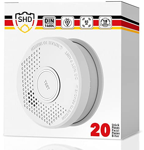 SHD Rauchmelder Set wechselbare Batterien (20x) - DIN EN14604 Geprüft & BSI-Zertifiziert, Brandmelder mit Stummschaltung & Selbsttest Funktion, Rauchmelder Magnethalter geeignet, Feuermelder DOF29