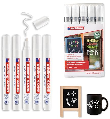 edding 4095 Kreidemarker Set - weiß - 5 Kreidestifte - Rundspitze 2-3 mm - Kreidestift für Tafel abwischbar - zum Beschriften von Fenster, Glas, Spiegel - Tafelstift mit deckenden Farben