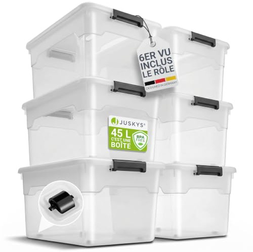 Juskys Aufbewahrungsbox mit Deckel - 6er Set Kunststoff Boxen 45l - Box groß, stapelbar, transparent - Aufbewahrung Ordnungssystem Aufbewahrungsboxen