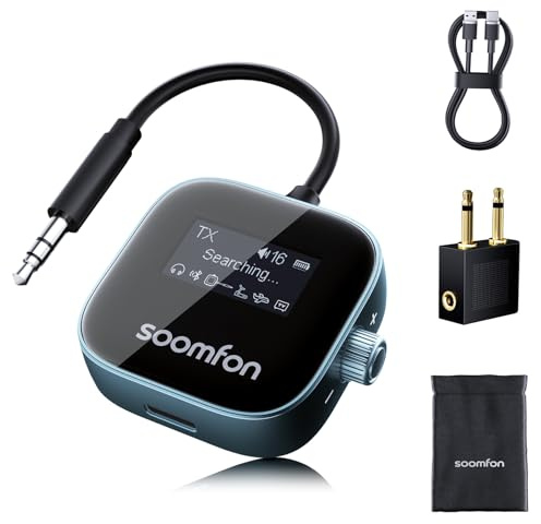 SOOMFON 2-in-1 Bluetooth 5.3 Sender Empfänger Klinke, Bluetooth Adapter Flugzeug mit Display und Akku, 3.5mm BT Transmitter Splitter für 2 Kopfhörer wie Airpods, für TV, Fitness & Stereoanlage