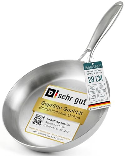 Batoris Edelstahlpfanne Unbeschichtet - Induktion - Profi Bratpfanne 28cm - Perfekt als Steakpfanne & Pastapfanne ohne Beschichtung - Brat- Universalpfanne frei von PFOA, PTFE & PFAS - Ofenfest