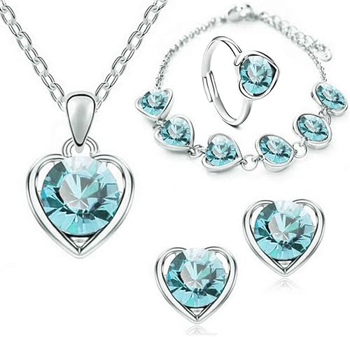 TOFBS 4 Stück Herz Kristall Schmuck Set Anhänger Halskette Armband Ohrringe und Ringe Set für Frauen Mädchen Brautschmuck Set Schmuckset