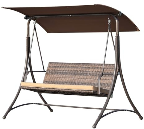 Angel Living Hollywoodschaukel Gartenschaukel Rattan 3-Sitzer mit Sonnendach und Sitzbezug170 x 110 x 157 cm (Braun)