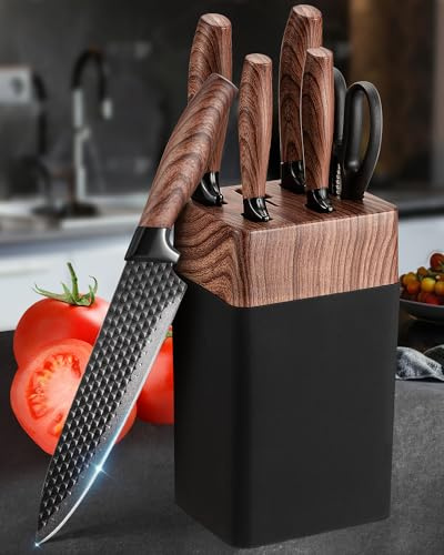 Messerblock Set, 7-teilig Scharf Messerset mit Block, Deutsche Klingen aus Hochwertigem Edelstahl und Ergonomische Griffe, Profi Küchenmesserset für Den Heimgebrauch（Nicht-Holz）