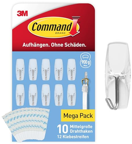 Command Haken zum Aufhängen, 10 Transparente Haken mit Metallspitzen, 12 Klebestreifen, Strips – Organisieren ohne Löcher und Bohren