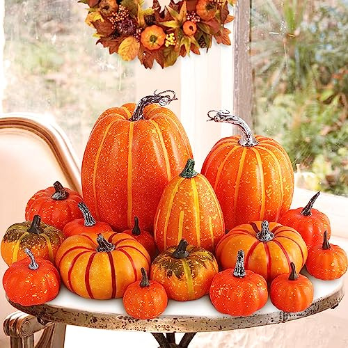 Benjia Kürbis Herbst Deko Dekoration Draußen, Groß Mini Orange Kürbisse Schaumstoff Zierkürbisse Herbstdeko Herbstdekorationen Halloween (Orange, 16 Stück)