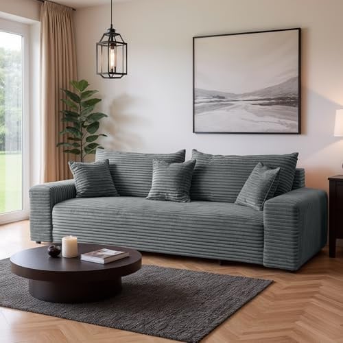 SOFILAND Cordo Schlafsofa 265×150 cm mit Bettkasten – Cord Sofa TILIA Breitcord, SoftTouch Komfort, 3-Sitzer Couch, abnehmbare Kissen, Easy Clean & Pet Friendly (Grau)