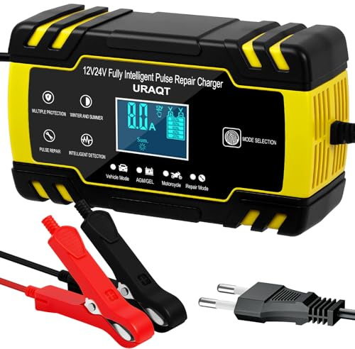 URAQT 8A Autobatterie Ladegerät, 12V/24V Smart Vollautomatische KFZ Batterieladegerät mit LCD Bildschirm Reparaturmodus Ladegerät, 7 Schutzmodi Temperaturkompensation für Auto LKW Rasenmäher Boot B