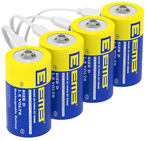 EEMB D Batterien 1.5V Wiederaufladbare D Batterien Wiederaufladbare Lithium D-Zellen Batterien USB Typ C Ladekabel LR20 Ersatzbatterie für Taschenlampe - 4er Pack