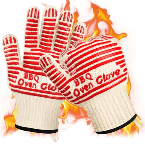AUAUY 1 Paar Hitzebeständige Küchenhandschuhe, Silikon, Rot-27cm | Grillhandschuhe Sofortschutz bis 500 °C, Rutschfeste Strickhandschuhe Fünf Fingern, Ofenhandschuhe für Backen, Küche, Grillen