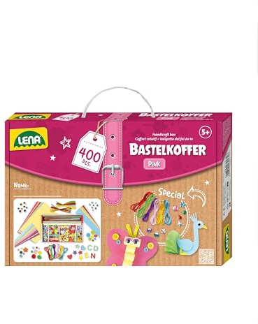 Lena Bastelkoffer mit 400 Teilen, Bastelset bestehend aus Papier, Moosgummi, Pfeifenreiniger, Strasssteine, Wackelaugen, Pompons und Knöpfe, Pink & Lila, geeignet für Kinder ab 5 Jahren