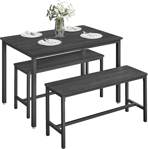 VASAGLE Esstisch mit 2 Bänken, 3er-Set, Küchentisch 70 x 110 x 75 cm, 2 Bänke je 30 x 97 x 50 cm, Stahlgestell, aschschwarz-tintenschwarz KDT070B21