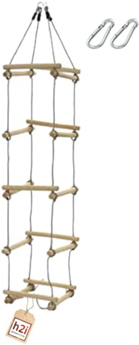 h2i Strickleiter aus Holz – Kletterleiter mit 5 stabilen Holzsprossen, 4-seitige Hängeleiter mit Seil & Karabinern, Für Indoor & Outdoor, Robust & Langlebig