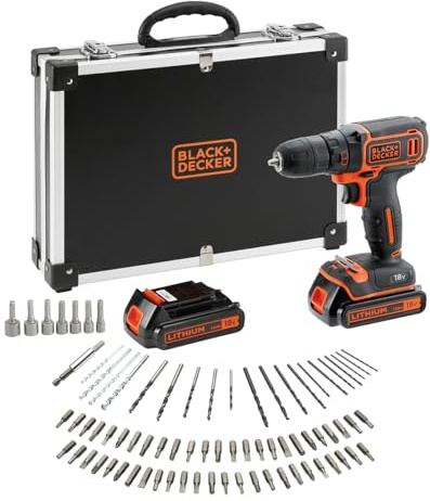 BLACK+DECKER Akku-Bohrschrauber 18 V, kompakt und leicht, enthält 2x 1,5-Ah-Akkus, Schnellladegerät und 80 Zubehörteile im Aufbewahrungskoffer, BDCDC18BAFC-QW