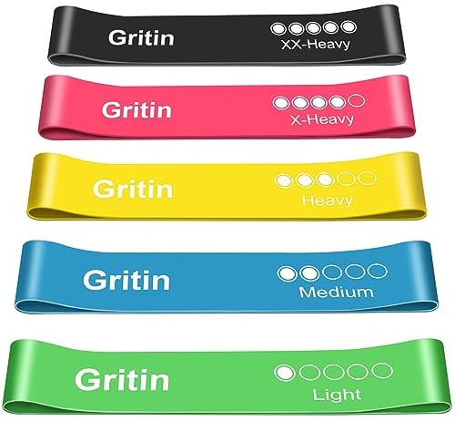 Gritin Fitnessbänder [5er Set] Widerstandsbänder mit 5 Stufen, 100% Latex Fitnessband Resistance mit Deutscher Übungsanleitung & Tragebeutel, Gymnastikband für Muskelaufbau, Yoga, Pilates