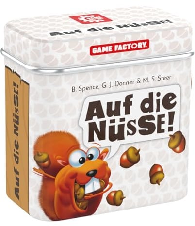 Game Factory 646273 Auf die Nüsse, das knackige Würfelspiel, Mini-Spiel in handlicher Metalldose, Reisespiel, für Erwachsene und Kinder ab 8 Jahren