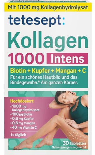 tetesept Kollagen 1000 Intens - Nahrungsergänzungsmittel mit Kollagen, Vitamin C, Biotin, Kupfer & Mangan - Für das Bindegewebe und ein schönes Hautbild - 30 Tabletten