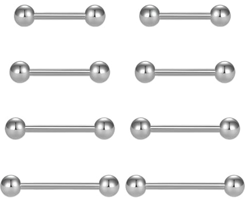 NHPY 8 Stück Zungenpiercing Chirurgenstahl, Zungenpiercing Kugeln, Tongue Piercing, 14G Chirurgenstahl Piercing Zunge Tongue 12/14/16/18mm Stab