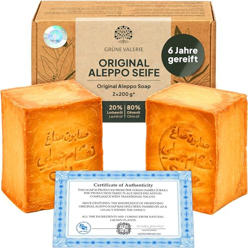 Original Aleppo Seife Set 2 x 200g (400g) mit 80% Olivenöl 20% Lorbeeröl - über 6 Jahre gereift - Feste Seife - Naturseife aus Handarbeit - Haarseife Duschseife - Das Original aus Aleppo