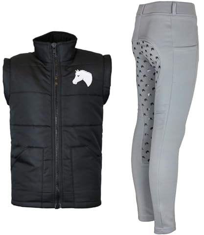 MS-Trachten Reitset Kinder Reitweste Mia schwarz gesteppt mit Reithose Hanni grau mit Silikonprints (146/152)