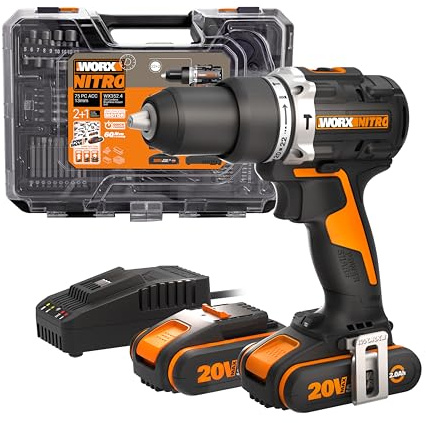 WORX WX352.4 Akku-Schlagbohrmaschine 20V, bürstenloser Motor, 60Nm | Inkl. 75 Stk. Bits-Set, 2 Stk. 2,0Ah Akkus & Ladegerät, variable Drehzahlregelung, LED-Licht