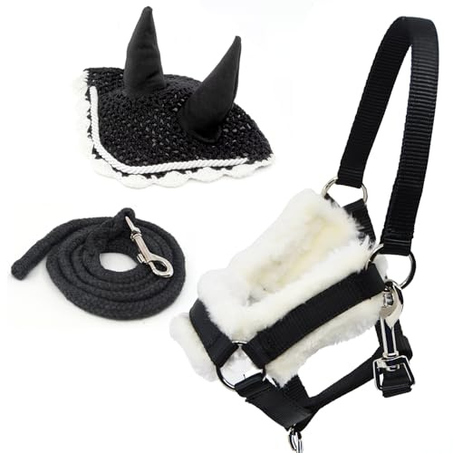 Hobby Horse Zubehör-Set, Halfter, Schwarz mit Führstrick und Insektenmütze, Schwarz und Weiß, für Hobby Horse, Größe A4 und A3
