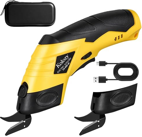 Kolozy Elektrische Schere Kartonschneider 4V, Wiederaufladbare Akkuschere mit 2500mAh Akku, Universalschneider mit 2 Schneidköpfen für Pappe, Karton, Stoff, Teppich Leder Ideal für Recycling & Basteln