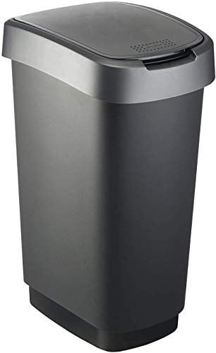 Rotho Twist Mülleimer mit Deckel 50l | Abfalleimer Küche und Recycling Center | mit Schwingdeckel und Klappdeckel | schmal & platzsparend | leicht zu reinigen | silber