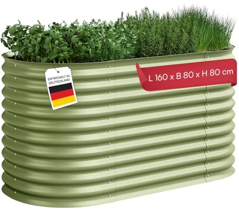 STEELSØN Hydra Metall Hochbeet 240 cm, Grün, verzinkt, mit Kantenschutz | Ovaler Pflanzenkasten 160x80x80 cm, Gemüsebeet für Garten/Balkon, Pflanzenbeet aus verzinktem Stahl, Kräuterbeet, Gartenbeet