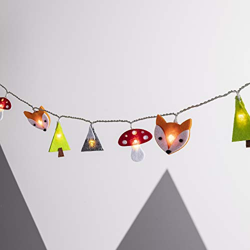 Lights4fun 16er LED-Lichterkette Waldtiere mit Filz-Motiven aus dem Wald Fuchs Baum Fliegenpilz Berg Dekoration fürs Kinderzimmer mit Timer batteriebetrieben Nachtlicht Innen [Energieklasse A]