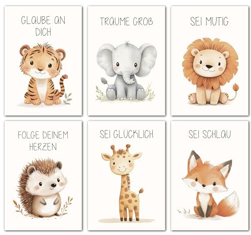 LAVEMA Affirmationsposter Kinder | Bilder Kinderzimmer DIN A4 (21x30cm) Poster Set | Wanddeko Babyzimmer Deko | Affirmationsbilder | Wandposter Junge | Tierbilder | Wandbilder Tiere