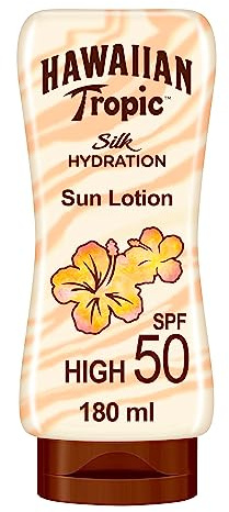 Hawaiian Tropic | Silk Hydration Sunscreen Sonnenschutzlotion LSF 50 UVA + UVB Schutz, 180 ml, 12-Stunden-Feuchtigkeitspflege mit Kakao- und Sheabutter, wasserfest, vegan