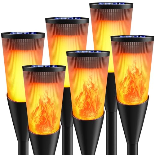 Solarlampen für Außen Gartenfackeln, 6Stück 2Modi Solarleuchten für Draußen,IP65 Wetterfest Fackeln Lampe,Solar Bodenleuchten mit Realistischen Flammeneffekt für Gartenbeleuchtung,Weg,Hinterhöfe,Rasen